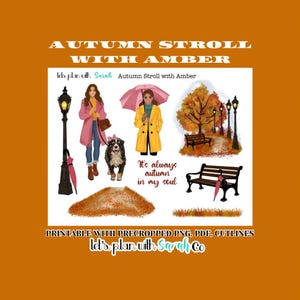 Pode incluir: Obra de arte digital com tema de outono, com o texto "Autumn Stroll with Amber". A imagem apresenta ilustrações de pessoas com casacos, um cão, bancos de parque e guarda-chuvas. A frase "It's always autumn in my soul" também está incluída.