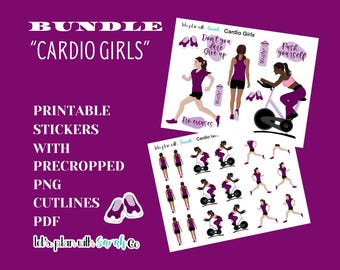CARDIO GIRLS + ICONS Printable stickers, fitness tracking, workout planner, journals, memory keeping, scrapbooks, wellness, yoga, Pilates