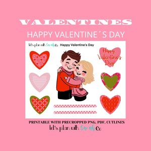 FELIZ DÍA DE SAN VALENTÍN Tarjeta imprimible con una dulce pareja y corazones para tus planificadores, diarios, tarjetas o álbumes de recortes.