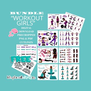WORKOUT GIRLS BiG BUNDLE Printable fitness stickers, cardio, home workout, yoga/Pilates, gym. Planners, fitness planning & tracking, quotes.