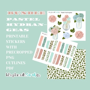 PASTEL HYDRANGEAS BUNDLE Frühling und Sommer Sticker mit passendem Washi und Scrapbook Papier, für Planer, Bullet Journal, Scrapbook, Journal