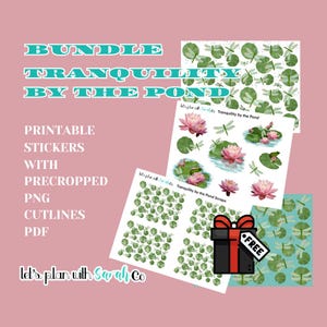 TRANQUILITY by the POND BUNDLE Adesivos para impressão, lírio d'água, libélula, sapo, primavera, verão, planejadores, álbuns de recortes, diários