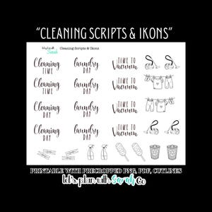 Może przedstawiać: Drukowane naklejki z motywem sprzątania i prania z czarno-białymi ilustracjami. Naklejki zawierają frazy takie jak "Cleaning Time", "Laundry Day" i "Time to Vacuum".