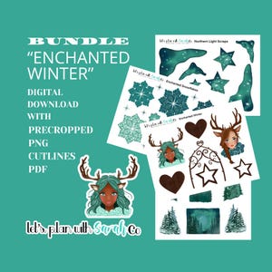 Könnte beinhalten: Digitales Download-Bundle mit dem Titel "Enchanted Winter" mit vorgeschnittenen PNG-Konturen und im PDF-Format. Das Bild zeigt Illustrationen von Schneeflocken, Hirschen, Sternen und winterlichen Elementen in Türkis, Braun und Weiß.