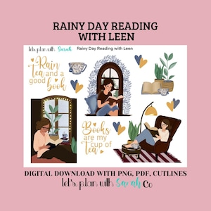 RAINY DAY READING with Leen Printable Stickers for Book Lovers. Perfect for planners, journals, junk journals, scrap books, memory keeping