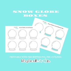 May include: Printable snow globe journal boxes in a teal and white colour scheme. The boxes are designed to look like snow globes and are ideal for organising your thoughts and ideas.