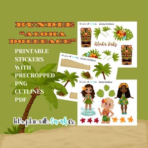 ALOHA DOLLFACE Adesivos fofos para imprimir no verão, Havaí, clima de ilha, dias ensolarados, palmeiras, praia, para planejadores, diários, bujo, álbuns de recortes