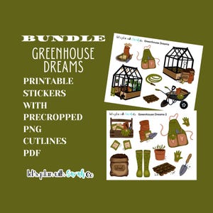GREENHOUSE DREAMS Printable hand drawn spring or summer garden stickers for Planners, Journals, Bullet Journals, Scrapbooks, Card Making