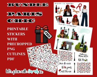 PARIS CHIC Bundle with 2 FREE Scrapbook papers. Printable stickers. Bujo, Travel journal, planner, journal, scrap booking, memory keeping.