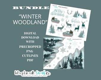 Winter Woodland Printable Planner Stickers, Digital Sticker Set, Cute Winter Forest Deer Stickers for Journaling