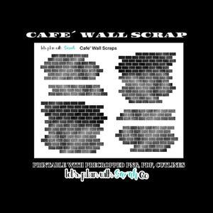 Può includere: Un foglio stampabile digitale con quattro diversi motivi di muro in mattoni bianco e nero. Il foglio è intitolato "Cafe' Wall Scraps" e include il testo "let's plan with Sarah co".