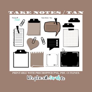 Peut inclure: Autocollants de planificateur imprimables dans un schéma de couleurs tan et noir. Les autocollants présentent divers modèles de papier à lettres, y compris des options lignées, quadrillées et vierges. Le texte "Take Notes/Tan" est en haut de l'image. Le texte "let's plan with Sarah Co" est en bas de l'image.