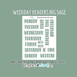 May include: Printable planner stickers in a sage green colour scheme. The stickers feature words such as "Monday", "Tuesday", "Today", "Important", "Remember", "Todo", "Next Week", "Weekend", and "If Time".