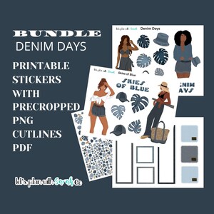 May include: A printable sticker bundle with pre-cropped PNG files and cutlines in PDF format. The bundle includes a variety of stickers with a denim theme, including a woman wearing a denim skirt and a denim jacket, a woman wearing a denim skirt and a white top, and a woman wearing a denim skirt and a white top. The bundle also includes a variety of other stickers, such as a palm leaf, a hat, and a bag.