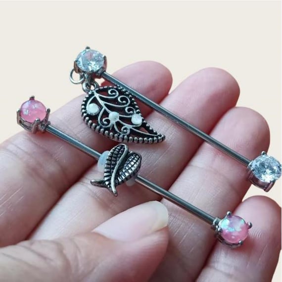 14g industrial barbell,opal industrial barbell,Industrial jewelry  piercing,ear piercing, leaf earrings,wings earrings
