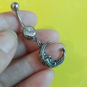 14G Silver Moon Belly Button Ring,Retro Navel Ring,Bar Length 10mm Body Jewelry, Belly Ring, Best Gift For Her Navel piercing