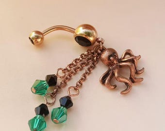 Piercing de umbigo em aço cirúrgico 14G, piercing de polvo, joia corporal, piercing de umbigo, melhor presente para ela, piercing de umbigo com pedra preciosa, piercing de umbigo