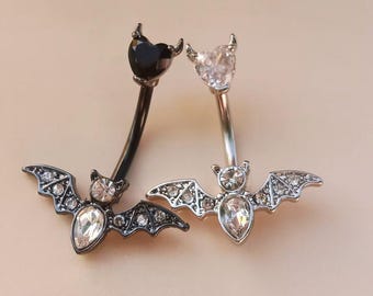 Piercing de umbigo em aço cirúrgico 14G com formato de morcego, joia corporal, piercing de umbigo, melhor presente para ela, piercing de umbigo com pedra preciosa.
