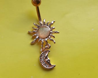 Piercing de umbigo em aço cirúrgico 14G com sol e lua, joia corporal, piercing de umbigo, melhor presente para ela, piercing de umbigo com pedra preciosa.