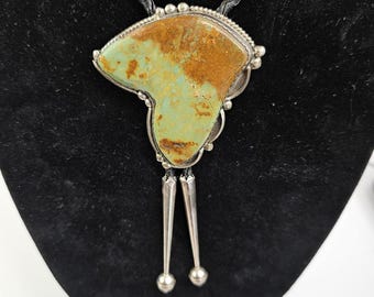 Navajo Sterling Silver Bolo Tie Large Turquoise Stone Signed RR. Native USA 55g
