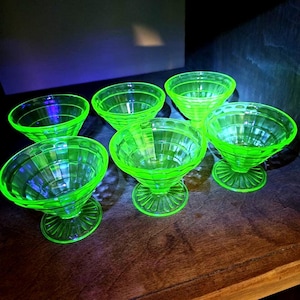 6pc Set 1930s Depression Glass Green Colonial OPTIC Footed Sherbet Dish WOW!
