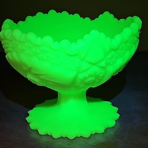 Fenton Uranium Green Lime Sherbet Satin Compote Candy Dish Geiger Checked