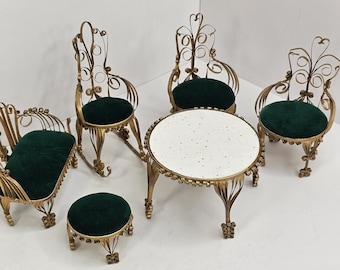 Handmade Dollhouse Miniature Furniture Set Gold Filigree Green Velvet 6 Pc