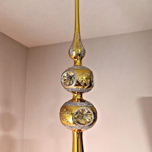 SIX Indents Large 13&quot; Mercury Glass Tree Topper Gold Color. Rare! Romania W/Box Finial