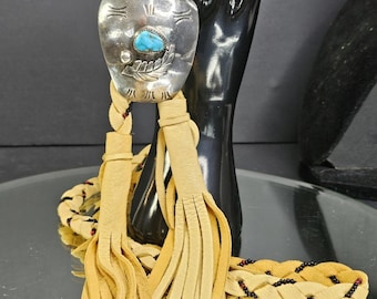 Navajo Turquoise Sterling Silver Bolo Tie With Beaded Leather Native American US