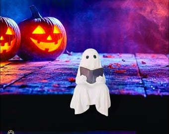 Fantasma de lectura de Halloween, lindos adornos de fantasmas, estatua de fantasma de lectura, fantasma sentado, decoración de estante, regalo de Halloween