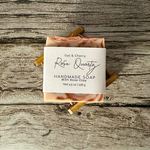 Rose Quartz Vegan Soap Bar with Rose Clay – Handmade Cold Process Soap, Soft Floral Scent, Romantic Pink Swirls, Natural Skincare Gift