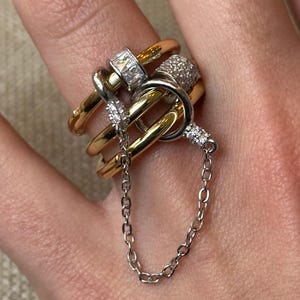 Chain Linked Mixed Metal Ring Gold and Silver Stackable Ring Statement Ring with CZ Accents Bold Chain Ring for Women Edgy ring Adjustable