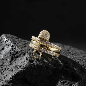 Silver Safety Pin Ring Stack – Pave Crystal Statement Ring – Edgy Punk Style Jewelry – Unique Adjustable Stacking Ring – Bold Sparkly Ring