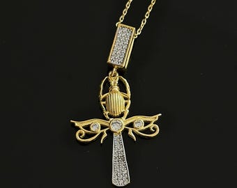 Gold-Plated Ankh Necklace - Egyptian Symbol of Life Pendant - Elegant Crystal-Embellished Jewelry - Unique Statement Accessory for Women