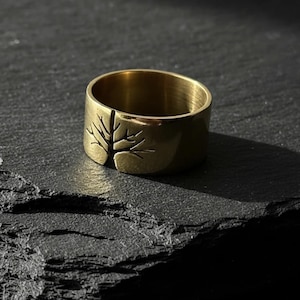 Anillo Árbol de la Vida en Oro – Anillo ancho de inspiración natural | Anillo ajustable de plata de ley 925 | Joyería Boho Bosque