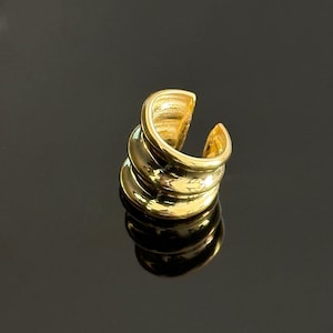 Könnte beinhalten: Ein goldener Ohrring mit einem geriffelten Design. Der Ohrring ist aus Metall und hat eine glatte, polierte Oberfläche.