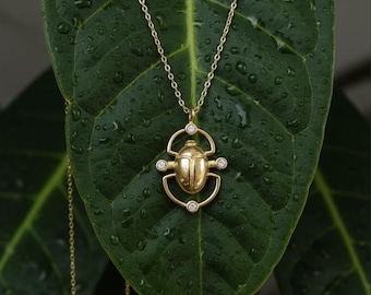 Gold Scarab Pendant Necklace, Egyptian Beetle Charm on 925 Silver, Symbol of Protection and Rebirth, Unique Ancient Inspired Jewelry
