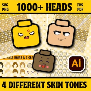 May include: Digital graphic showing three cartoon heads with varied expressions and skin tones. The image includes the text "1000+ HEADS" and "4 DIFFERENT SKIN TONES". Also included are SVG, PNG, EPS, PDF and Ai icons.