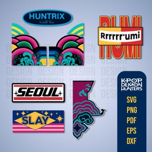 Puede incluir: Una colección de diseños gráficos coloridos con texto y formas abstractas. Los diseños incluyen las palabras "HUNTRIX World Tour", "SEOUL" y "SLAY". También incluye un diseño con el texto "Rrrrrrumi".