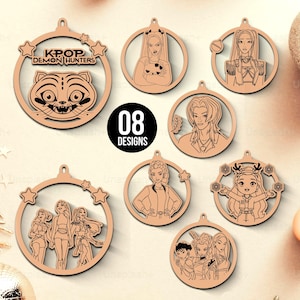 May include: A collection of eight laser-cut wooden ornaments. Each ornament features a unique design, including characters and the text "KPOP DEMON HUNTERS". The ornaments are circular with star accents.