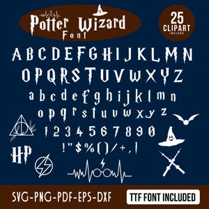 May include: A digital font set with a wizard theme, featuring uppercase and lowercase letters, numbers, and symbols. The white font is displayed against a dark blue background, with additional clip art elements. The text "Potter Wizard Font" is at the top.