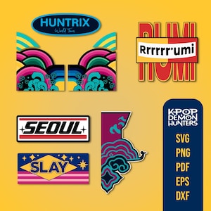 Puede incluir: Una colección de diseños gráficos coloridos con texto y formas abstractas. Los diseños incluyen las palabras "HUNTRIX World Tour", "Rrrrrrumi", "SEOUL" y "SLAY". También incluye un gráfico con "K-POP DEMON HUNTERS" y abreviaturas de tipos de archivo.
