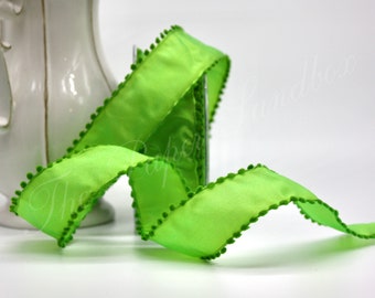 Wired Lime Green Pom Pom Trim Ribbon 1.5” wide BY THE YARD