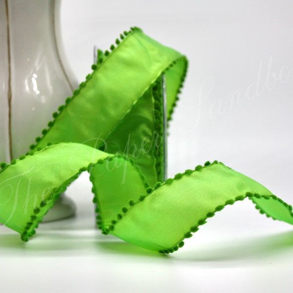 Wired Lime Green Pom Pom Trim Ribbon 1.5” wide BY THE YARD