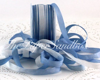 Blue and White Silk Ribbon 1/4” wide BY THE YARD, Tie Dyed Silk