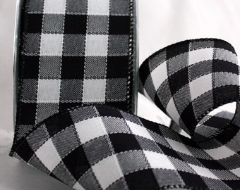 Wired Black/White Buffalo Plaid Ribbon 2.5" wide BY THE YARD