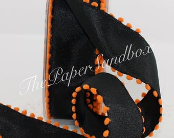 Wired Black/Orange Pom Pom Trim Ribbon 1.5” wide by the yard, Halloween Ribbon