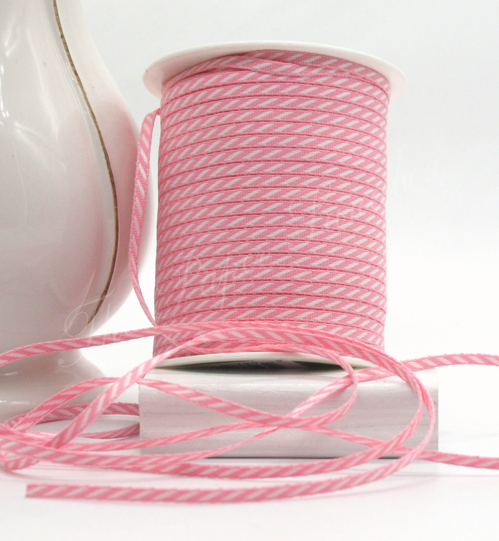 Pink/white Striped Ribbon 1/8 Wide BY THE YARD 
