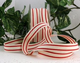 Red/Ivory Striped Twill Ribbon 5/8" wide by the yard Cotton Ribbon