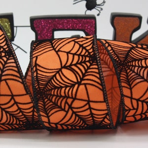 Wired Halloween Ribbon, Black/Orange Flocked Spider Web Ribbon 2.5&quot; wide BY THE YARD